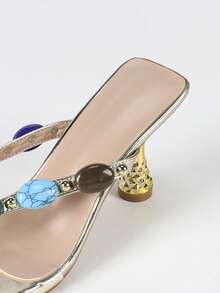 时尚金色尖头高跟凉鞋，宝石镶嵌穆勒高跟鞋 - 金色 - 查看 8