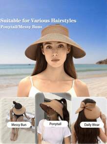 Women's Sun Visor Hats Wide Brim Straw Beach Hat Ponytail Hats For Women Foldable Floppy