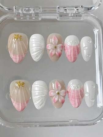 10 Pcs Sweet Pink & White 3D Carved Seashell Starfish Short Almond Wearable Nail Art Tips Press On Nails Nail Supplies Nails