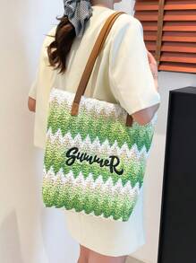 New Straw Woven Bag, Women's Large Capacity Shopping Tote Bag, Striped Letter Beach Bag, Embroidery Leisure Travel Lightweight Handbag