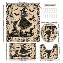 4 Peças Decoração de Cortina de Janela de Bruxa e Abóbora de Halloween, Lindo Presente de Inauguração da Casa, Decoração Moderna para Casa, Cortina de Chuveiro e Tapete de Banheiro À Prova d'Água, Conjunto de 3 Peças com 12 Ganchos de Cortina de Chuveiro, De Volta às Aulas
