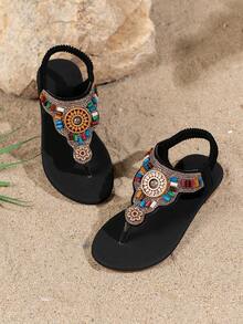 1 Pair Fashion Children's Rhinestone Sandals, Children's Beach Sandals, Bohemian Style, Handmade Rhinestone Sandals - Black - View 2