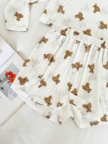 Nina Bonheur 2pcs Women Comfortable Hollow Bear Print Long Sleeve Sleepwear Set , Crew Neck Top And Side Slit Shorts Homewear, Cozy Outfit, Fall Winter Clothes - White - View 3