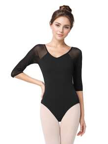 Daydance 女士网眼舞蹈紧身衣七分袖芭蕾紧身衣成人芭蕾舞练习舞蹈服装体操紧身衣 - 黑色 - 查看 3