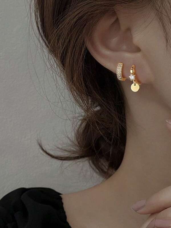 1 Pair Minimalist Creative Gold-Plated, Luxury Rhinestone Decorated 925 Sterling Silver Round Disc Stud Earrings, Suitable For Women's Daily And Vacation Wear