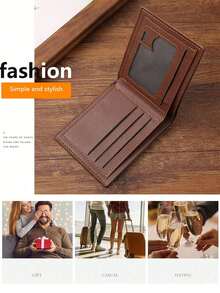 新款男士短款钱包卡包，带钞票夹、证件照相框和多个卡槽，采用高档PU软皮，大容量商务休闲钱包，带文件袋，时尚休闲钞票夹，适合年轻男士，可作为圣诞礼物、复古圣诞包、黑色钱包、男士礼物、新年礼物、情人节礼物。