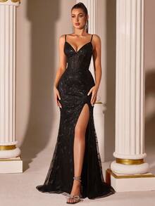 Elisanya 亮片刺绣 V 领镂空高腰露背系带连衣裙，适合舞会、派对、晚会 - 黑色 - 查看 7