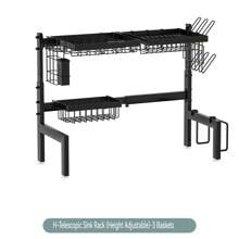 Escurreplatos ajustable de 2 niveles (66-85 cm) para sobre el fregadero, secador de platos de acero inoxidable con soporte para tabla de cortar, gran escurridor de platos para organizar el espacio en la encimera de la cocina
