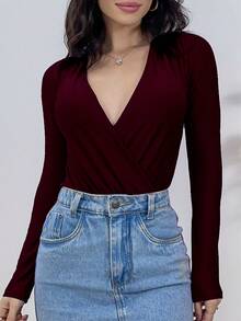 Marquezine Women's Long Sleeve Bodysuit With Front Wrapped Cup - 酒紅色 - 查看 1