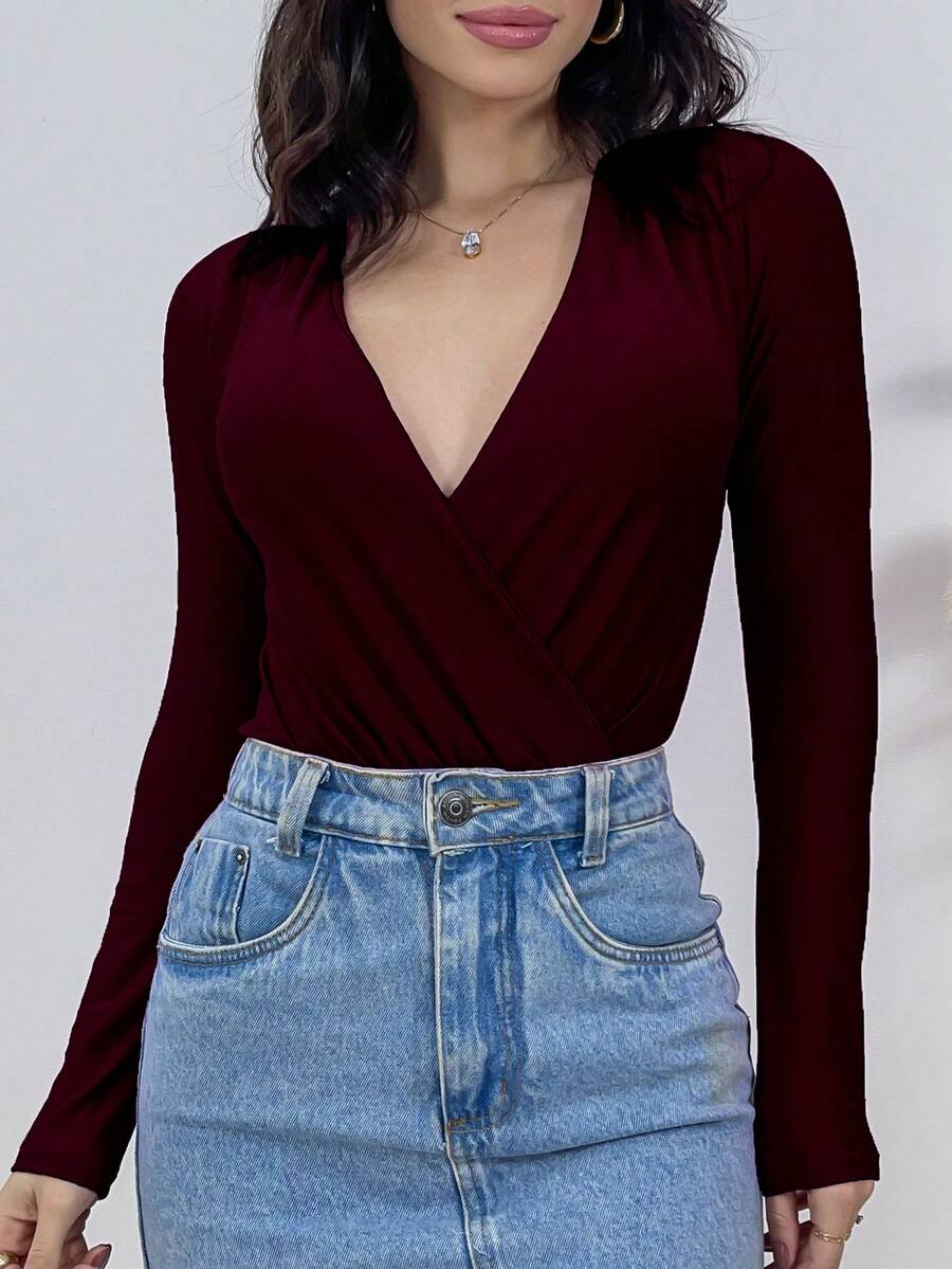 Marquezine Women's Long Sleeve Bodysuit With Front Wrapped Cup - 酒紅色 - 查看 1