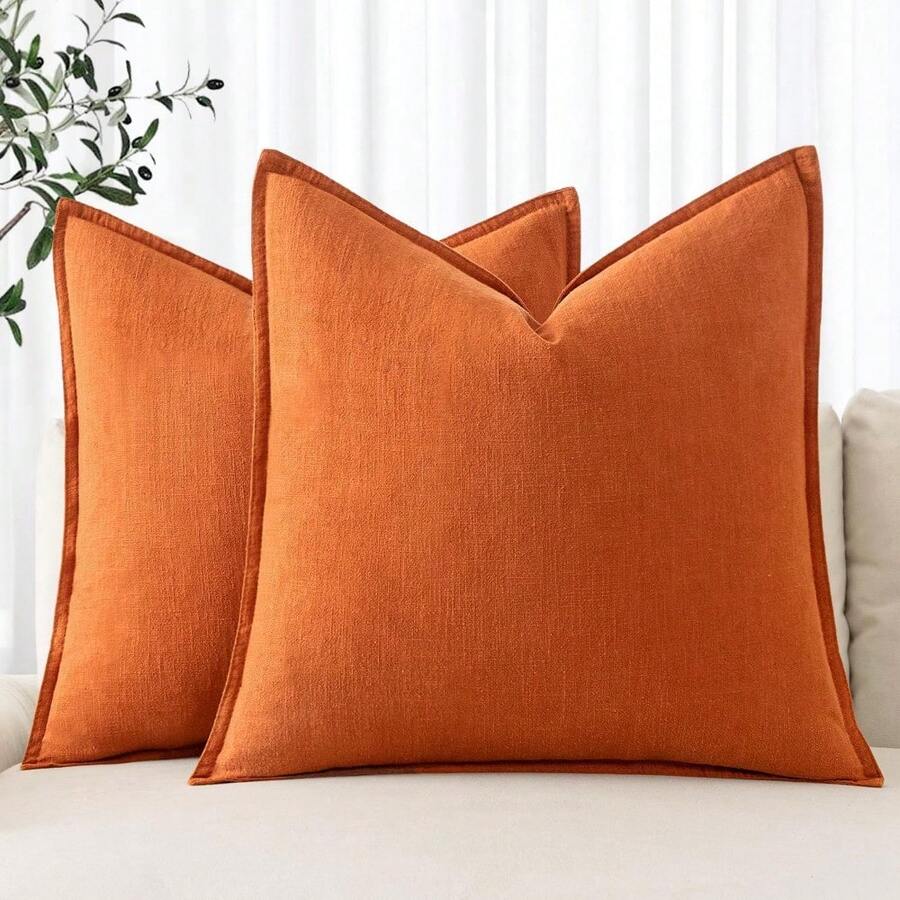 Local Delivery- Decorative Linen Pillow Covers 18x18 Inch Natural Beige Boho Farmhouse Neutral Couch Throw Pillows For Bed Pack Of 2 Accent Outdoor Pillowcase Modern Sofa Cushion Livingroom Home Decor - 橘色 - 查看 1