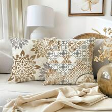4 Piece Decorative Pillow Cover Set With Modern Abstract Floral Geometric Design In Brown And Gray, Suitable For Farmhouse Style Home Decor. These Polyester Cushion Covers With Zipper Are Great For Outdoor Use On Porch, Patio, Sofa, And Living Room