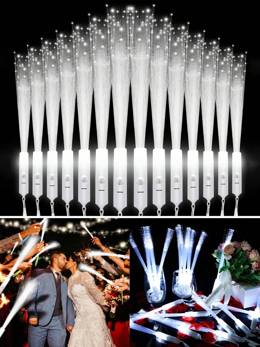 12支装LED荧光棒，白色光纤发光棒，发光光纤棒，闪光LED棒，适用于黑暗派对、单身派对、男女通用派对用品、发光礼物、婚礼派对用品、节日派对、音乐会、婚礼、酒吧、午夜派对、家庭聚会等场合。