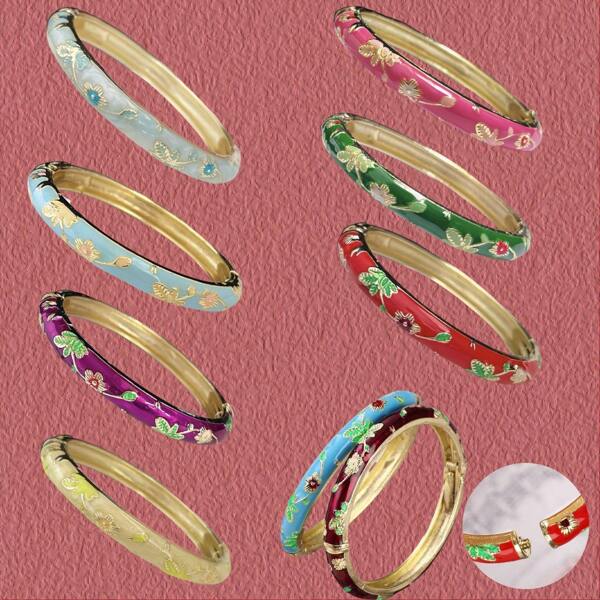 1 pieza Nuevo brazalete estilo bohemio de esmalte cloisonné con flores doradas, joya adecuada para mujeres y niñas