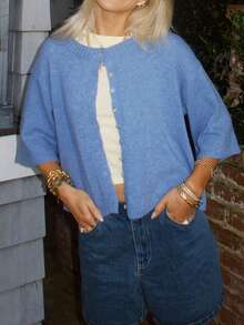 Women Y2k Cute Summer Knitted Cardigan Shirt Vacation Cover Up Tops Short Sleeve Button Down Oversized Knitwear Crop Tops - 藍色 - 查看 7