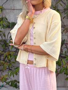 Women Short Sleeve Cardigan Button Down Open Front Knit Crew Neck Sweater Tops Oversized Lightweight Cardigans - Yellow - View 5