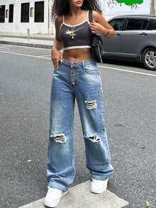 Women's Casual Single-Breasted Washed Ripped Cuffed Straight Leg Jeans - Light Wash - View 4