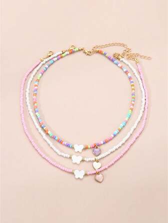 3pcs/Set Kids Fashionable Cute Heart & Butterfly Beaded Necklace Set, Suitable For Daily Wear, Party, Gathering, Holiday, Girls Accessory