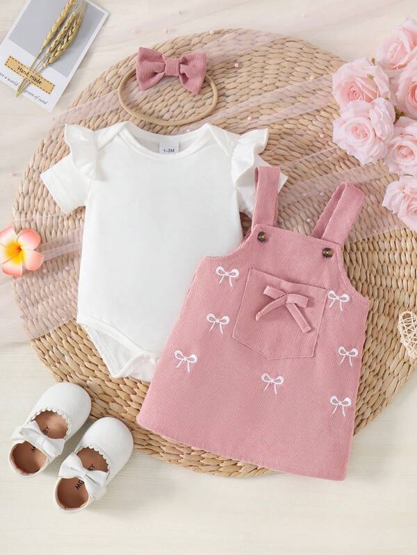 Baby Girls 2pcs Set: Cap Sleeve Bodysuit + Suspender Skirt With 3D Bow Decor & Embroidery, Comfortable White Outfit With Hair Scrunchie