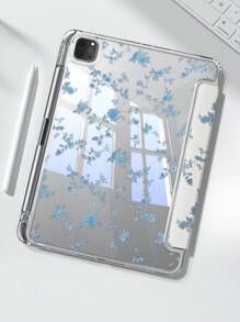 Eine schöne doppelseitig farbig bemalte, blaue Blumen-Acryl-Kristall-Rückseite, stoßfest, geeignet für iPad 7. Generation, 8. Generation (10,2 Zoll), 10. Generation Schutzhüllen, integrierter Stiftschlitz, unterstützt Schlaf- und Aufwachfunktionen/mehrfache Stehfunktionen, Geschenk für Feiertage, Geschenk zum Neuen Jahr.