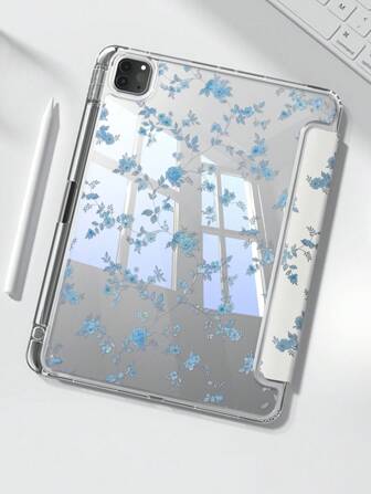 A Beautiful Blue Flower Double-Sided Color Painted Acrylic Transparent Crystal Back Cover, Shockproof, Suitable For IPad 7th Generation, 8th Generation (10.2 Inches), 10th Generation Protective Cases, Built-In Pen Slot, Supports Sleep And Wake-Up Functions/Multiple Folding Stand Methods,New Year's Christmas Gift For 2026