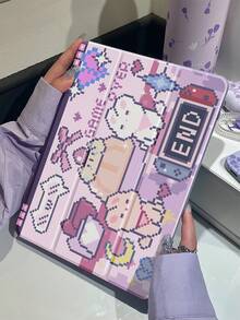 精致可爱的像素兔蝴蝶结双面亚克力透明水晶后盖，防震，适用于iPad 7、8、10代（10.2英寸），内置笔槽，支持睡眠/唤醒功能，可折叠支架，节日/新年礼物