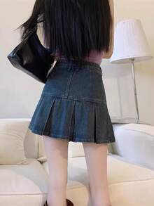 ヴィンテージ ハイウエスト プリーツ デニムハーフスカート、女性向け夏の新作 お腹を隠して見た目痩せる デザイン性のあるAラインヒップアップミニスカート - レトロブルー - チェックする 8