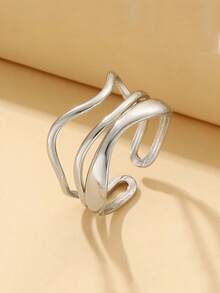 COINBUFF 1pc Minimalist Double Layer Line Wave Textured Stainless Steel Plated Gold Adjustable Open Ring For Women - Silver - View 15