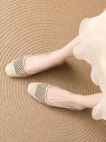 Women Summer Beige High Heel Pumps/Thick Heel Hollow Breathable Square Toe Slip-On Pumps/Fashionable Elegant Square Toe Loafers