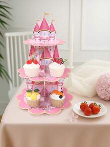 一套粉色公主城堡纸质蛋糕架，纸质纸杯蛋糕和甜点展示架，甜点架，粉色生日蛋糕装饰，公主主题生日派对纸杯蛋糕展示架，一周岁生日派对餐桌中心装饰品，粉色公主主题生日派对餐桌装饰，婴儿派对装饰，性别揭晓派对装饰，婚礼装饰，粉色节日生日派对用品 - 粉紅色城堡 - 查看 7