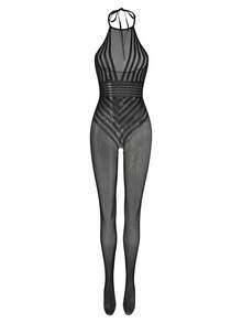 1pc Women's Sexy Lingerie Fishnet Bodysuit, Striped Tie-Up Halter Backless Bodycon Jumpsuit, Suitable For Party Night - Black - View 8