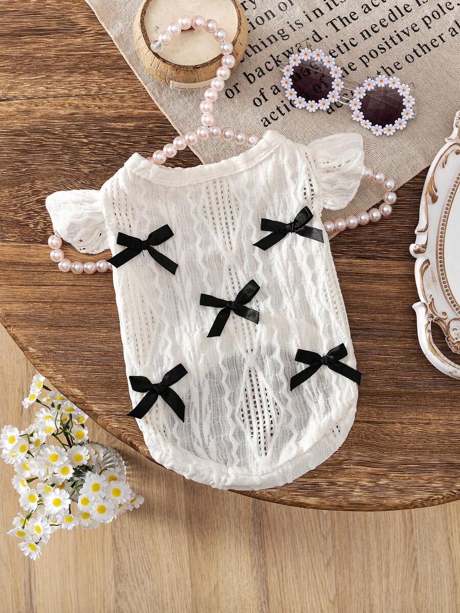 Vestido transpirable para mascotas con decoración de moño 3D lindo, para gatos y perros pequeños - Blanco - Ver 1