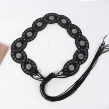 1 Stück Bohemian Stil PU Patchwork Rundschnalle Unisex Gürtel, vielseitiger breiter Ledergürtel mit Quaste