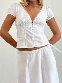 Women Y2k Lace Trim Button Down Shirt Top Fairycore Short Sleeve Lapel Collar Slim Fit T Shirts Crop Tops Summer Going Out Tops Blouses Vinatge Aesthetic Clothes Streetwear - 白色 - 查看 4