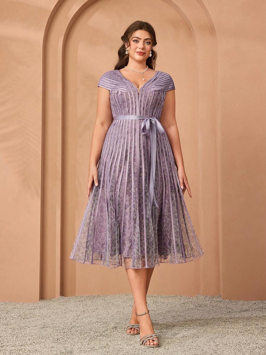 Mgiacv High-End Evening Gown With V-Neck, Airplane Sleeve, And Drawstring Flare Bottom Party - Dusty Pink - View 1