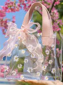 1 pieza Bolso de tote transparente de PVC con estampado de margaritas de verano, bolso de gelatina con estampado de flores frescas y un lazo delicado como bolsa de regalo
