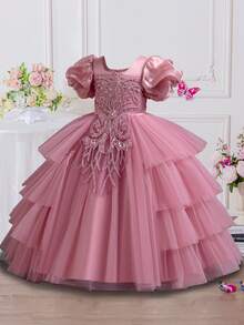 Vestido de princesa de longitud media para niños, con mangas abullonadas, vestido de fiesta de boda de verano para niñas con lentejuelas, bordados, falda acampanada de malla, adecuado para actuaciones y eventos - Rosa - Ver 2