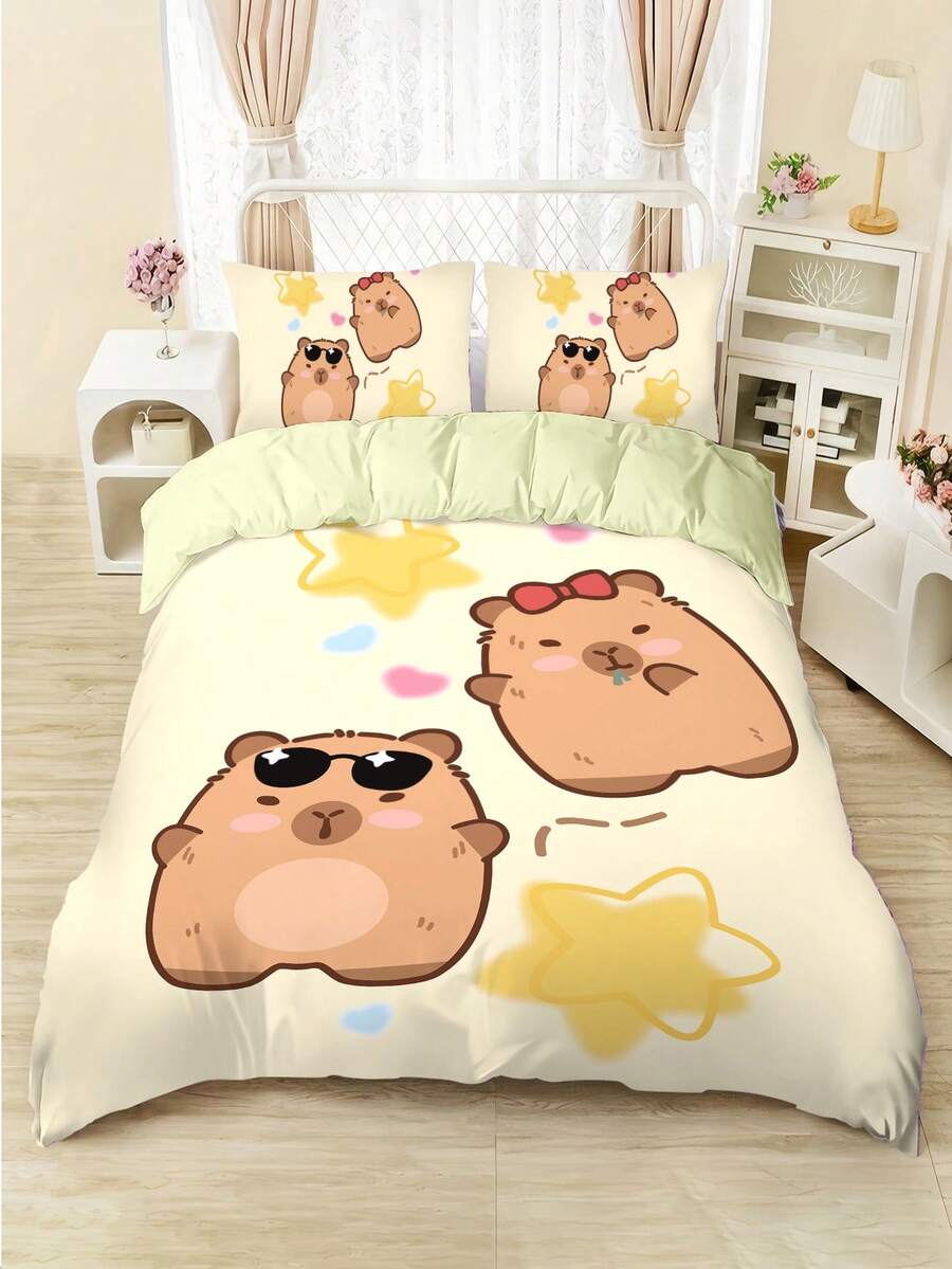 4pcs "Cool Otter" Themed Comforter Set, School/Seasonal Print, College Style Bedding Set For Single Dorm/Children Bed, Boys & Girls