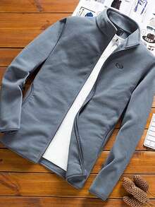 Men's Zipper Stand Collar Warm Fleece Jacket, Outdoor Sports Sweatshirt, Suitable For Workout, Gift,Winter,Skiing - Grey - View 2