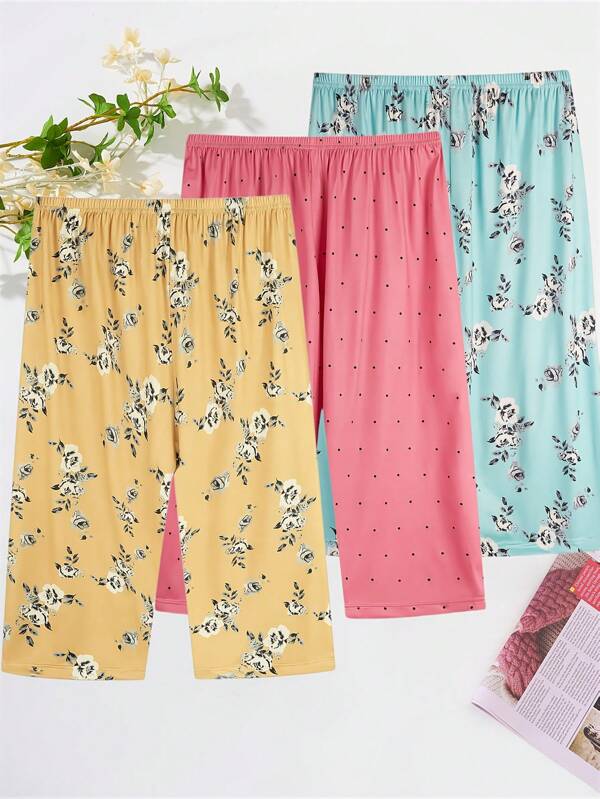 3 Pack Cartoon Kurzhosen Große Größen Blumen Muster Sommer Schlafanzug Hosen Damen Zuhause Hosen Lässig Caprihosen