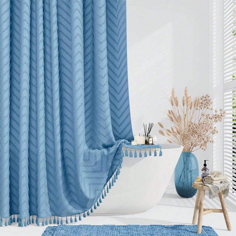 Extra Long Shower Curtain, 84 Inch Long Boho Tufted Striped Fabric Shower Curtain For Bathroom, Tall Shabby Chic Waterproof Cloth Shower Curtain Set With Hook, Moonlight Blue, 72x84 - 藍色 - 查看 1