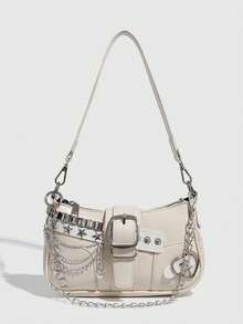 Y2K Multifunctional Star & Moon Design Unique Beige Steampunk, Gothic Style Shoulder Bag For Women, Streetwear, Music Festival, Party, Rock Star Look Crossbody Bag For Girls, Printed Same As Celebrity - Beige - View 1