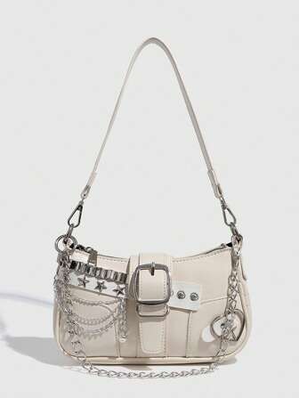 Bolso de hombro multifuncional con diseño de estrellas y lunas, estilo gótico y steampunk único en beige para mujer, para usar en la calle, festivales de música, fiestas, y con look de estrella de rock. Bolso bandolera con estampado igual que las celebridades