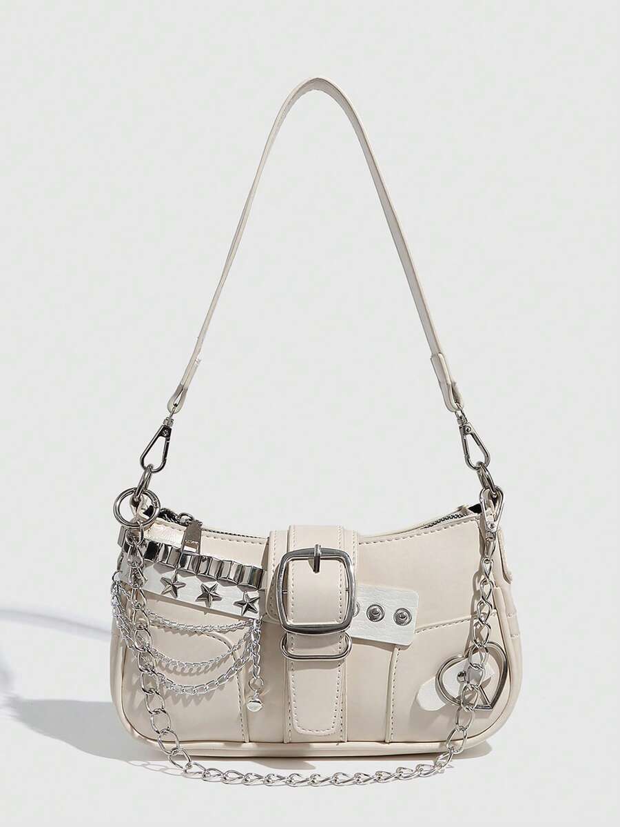 Y2K Multifunctional Star & Moon Design Unique Beige Steampunk, Gothic Style Shoulder Bag For Women, Streetwear, Music Festival, Party, Rock Star Look Crossbody Bag For Girls, Printed Same As Celebrity - Beige - View 1