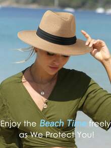 3pcs/Set Boho Style Woven Jazz Hat, Summer Vacation Hat - Khaki + Black/beige Ribbon - View 3