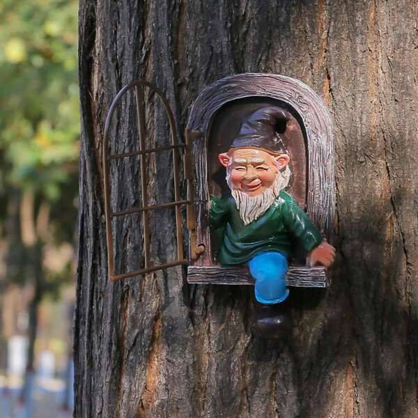 Figura de árbol hechicero de 5,7 pulgadas para exterior, Estatua de gnomo de jardín divertida, Figura colgante de resina de gnomo, Escultura de árbol caprichosa, Estatua de mirón de jardín, Decoración ideal para patio, jardín, césped y porche, Decoración de jardín con diseño de gnomo, Accesorios de jardín, Regalo para el Día del Padre