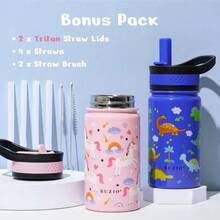 2 Pack Insulated Kids Water Bottle,  14oz Stainless Steel Water Bottles With  Straw Lid, -FREE Lead-Free Double Wall Leak Proof Drink Cups Flask For School (Blue Car +Blue Dinosaur) - 粉紅色/藍色 - 查看 2