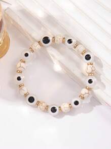 1pc Fashionable Obsidian Acrylic Evil Eye Lucky Beaded Elastic Bracelet, Suitable For Daily Matching