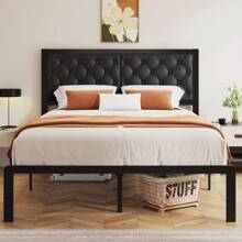 Estructura de cama Queen Gunji con cabecero acolchado, estructura de cama metálica de plataforma con almacenamiento debajo de la cama, sistema de soporte totalmente metálico, sin necesidad de caja de resortes, sin ruido, fácil montaje, gris oscuro
