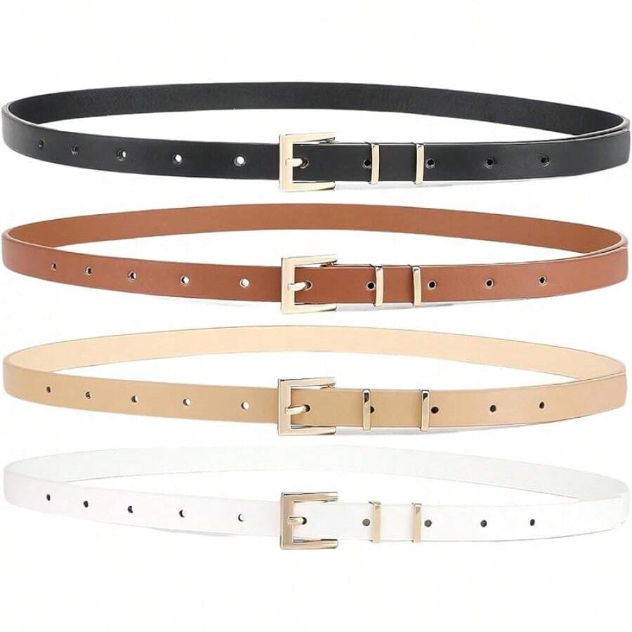 4 Pack Women Belts Jeans Dress Thin Waist Belt Ladies With Gold 0.55 Width, 2025 Style - F_黑色+米色+棕色+白色 - 查看 1